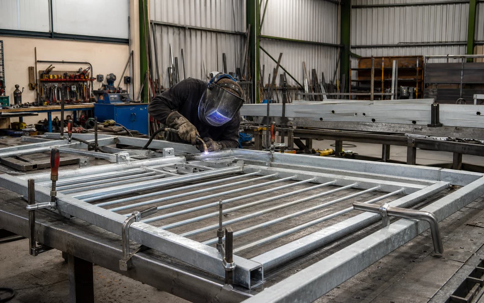A metal fabricator welding a steel gate assembly in an engineering workshop